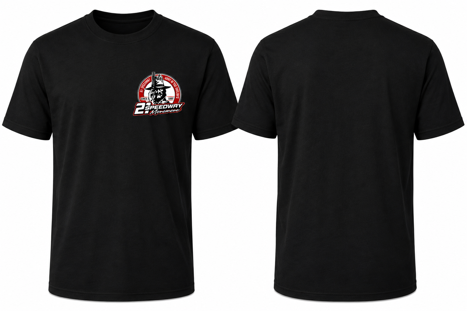 Black short-sleeve crewneck t-shirt shown from the front and back. 